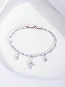 1 Conjunto Pulseira Colar Luxuoso e Elegante com Desenho de Estrela Incrustada de Zircônia Cúbica Cintilante, Adequado para Uso em Casamentos e Festas de Mulheres, Excluindo Caixa de Presente - Prata - Visão 2