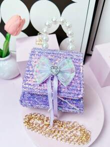 1Pc Girls Bowknot Sequin Faux Pearl Handle Flap Closure Princess Mini Handbag For Wedding Party - Sequined Bow - View 6