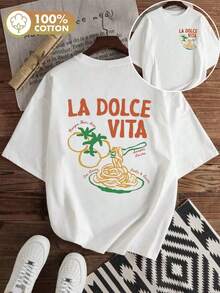 女款純色圓領短袖寬鬆T卹，100%棉質上衣，LA DOLCE VITA美食麵條圖案印花，春夏裝日常休閒女裝，街頭服飾，外出度假，camisetas invierno mujer，noistamujer，camiseta oversize mujer，motif mujer，isa，noistamujer，camiseta oversize mujer，motif mujer，isjer mujer，camis mujer，jersey，fiesta，sudaderas de mujer，conjunto mujer invierno，ropa verano mujer，verano mujer，y2k，mujer， curve，ropa curvy mujer，sudadera mujer talla grande，friends， curve，vacation，casual，辦公室/休息室/居家/戶外運動/復古風/簡約，趣味設計，四季通用休閒上衣，情人節情侶短袖，男女同款短袖，約會，浪漫出行，節日送禮，白色上衣，deporte，top negros elegantes - 白色.. - 查看 8
