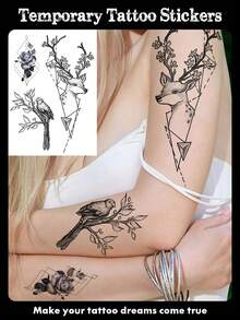 1 Sheet Waterproof Black Line Deer Bird Flower Pattern Waterproof Temporary Tattoo Sticker, Can Be Attached To Arms, Shoulders, Back, Legs, Body And Other Parts, Suitable For Both Men And Women, Suitable For Parties And Vacations.,Sketch Style - Black - View 1