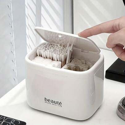 1-częściowy schowek z pokrywą, organizer na waciki do makijażu, odpowiedni do patyczków kosmetycznych, płatków do demakijażu, do łazienki, toaletki, prysznica, do montażu na ścianie, schowek z przegródkami, gablotka na kosmetyki