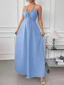 Vestido largo fluido de verano para mujer, elegante y sencillo, de color liso, estilo bohemio con bajo plisado, cuello halter, tirantes finos, para resort y salir - Celeste - Ver 4