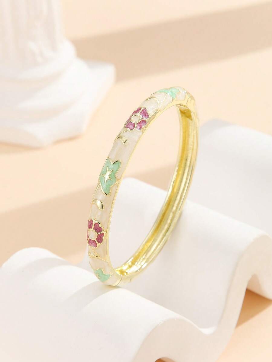 1件復古琺瑯花卉手鐲 金色鍍層花朵開合式寬手環 春夏女款首飾 米色 - 米色 - 查看 1