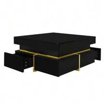 Table basse, table de salon laquée brillante, table d'appoint avec tiroirs et détails dorés - Noir - Voir 11