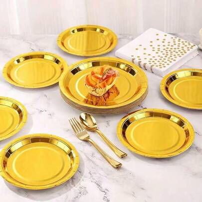 25/10pcs Set Thick Gold Reusable Plates, Dessert Plates, Cake Plates - Elegant Polished Edges, Sturdy Paperboard Material, Leak-Proof, Easy To Clean, Suitable For Christmas Parties, Birthdays, Weddings, Outdoor Picnics, Banquets, Team Events, Campus Gatherings, Buffets, Larger Size