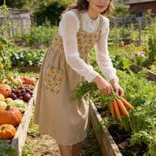 Cotton Linen Cross Back Apron For Women, With Pockets For Gardening Chef Work - 花卉米黃色 - 查看 4