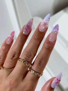 24Pcs/Set Almond Shaped French Manicure 3D Floral-Drop Gradient Elegant Reusable Press-On Nails With 1Pc Gel And 1Pc Nail File, Adding A Daily Wear And Dates Nail Supplies Nails - 多色 10 - 查看 9