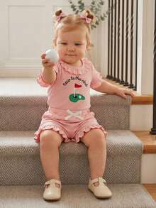Baby Girl Golf Outfit New To The Club Golf Embroidery Ruffle Romper With Ruffle Hem Shorts Set Infant Soft Waffle Knit Summer Casual Clothes - Pink - View 3