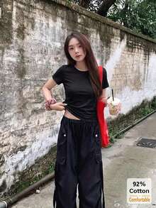 短袖T恤，百搭短袖T恤，女士短袖上衣，修身纯色打底衫，休闲黑色夏季款 - 黑色 - 查看 2