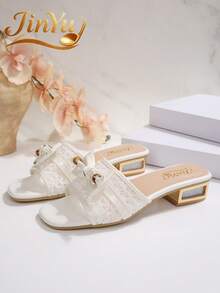 Women's White Lace Bow Slide Sandals, Square Toe Chunky Heel 3cm, Casual Slip-On Slippers For Summer, Vacation, Commute - White - View 8