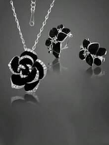 3pcs Fashionable Black Rose Shaped Earring & Necklace Set For Women Wedding Accessories, Party - 黃金 - 查看 4