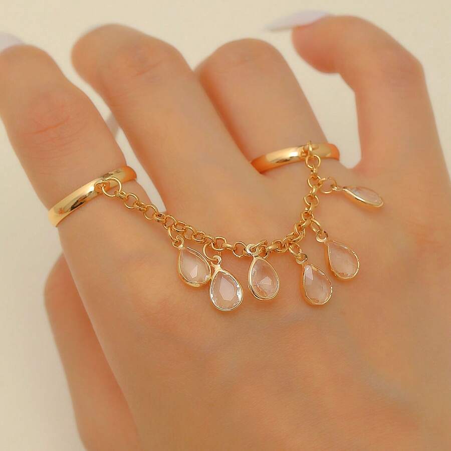 1 chiếc nhẫn thời trang đính đá Zirconia và dây tua rua pha lê, phụ kiện trang sức cao cấp sáng tạo. - Vàng - Xem 1