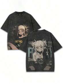 Graphic Cotton-Shirt Anime Print-ShirtToga Himiko Washed Oversized Tee I UnleashYour Inner Villain! I 230GSM Anime Fan ShirtVintage Y2K,Oversize Plus Size Men's S To 5XL,Summer Tee - 黑色 - 查看 5