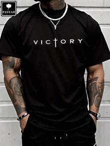 Men's Fashionable Short Sleeve T-Shirt PAYEAH Men's Letter Print T-Shirt, Crew Neck, Short Sleeve, Summer T-Shirts, 100% Comfortable Cotton - 黑色 - 查看 1