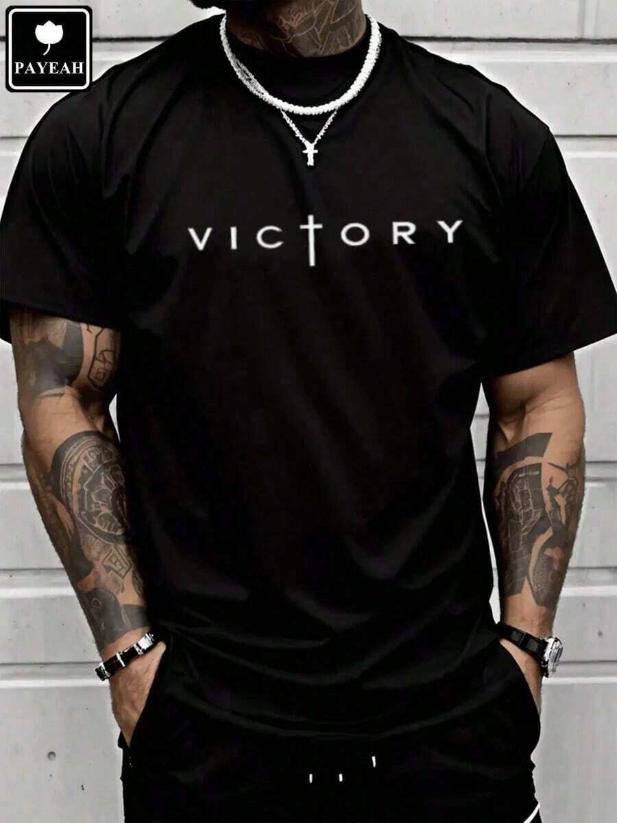Men's Fashionable Short Sleeve T-Shirt PAYEAH Men's Letter Print T-Shirt, Crew Neck, Short Sleeve, Summer T-Shirts, 100% Comfortable Cotton - 黑色 - 查看 1
