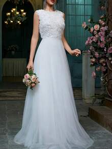 女士婚纱，刺绣蕾丝无袖网纱设计，正式晚礼服，庆典礼服 - 白色 - 查看 1