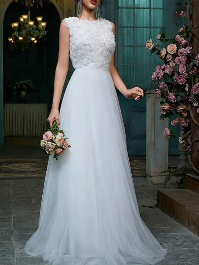 女士婚纱，刺绣蕾丝无袖网纱设计，正式晚礼服，庆典礼服