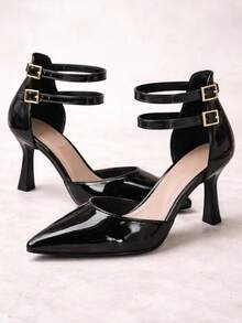 Women's Elegant Ankle Strap Double Buckle Pump With Cup Heel 231 - Black - View 4