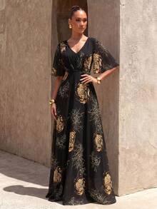 SUPGIR [Random Floral Pattern] Elegant V-Neck Floral Print Ruffle Hem Slimming Summer Dress - Black - View 1