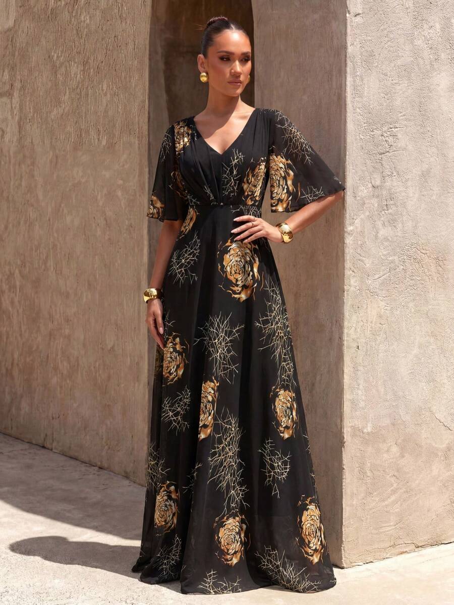 SUPGIR [Random Floral Pattern] Elegant V-Neck Floral Print Ruffle Hem Slimming Summer Dress - Black - View 1