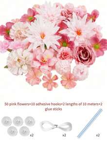 Hanging Floral Wreath Decor Floating Artificial Wild Flowers Vine Ceiling Backdrop, Floral Wreath Vine Wall Decor For Wedding Party Spring Home Garden, Pink, 3-10cm Random Size, Decorative Material Pack - Multicolor - View 13