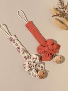 2pcs Baby Solid Color & Printed Pacifier Clips, Bowknot Wooden 3-Hole Pacifier Holder, Suitable For Daily Use, Blue, Pink, Khaki - Multicolor - View 6