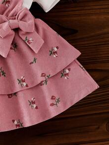 Conjunto de 3 piezas para bebé niña: Top de manga de vuelo de unicolor y falda de volantes escalonados con diadema con moño - Rosa - Ver 7
