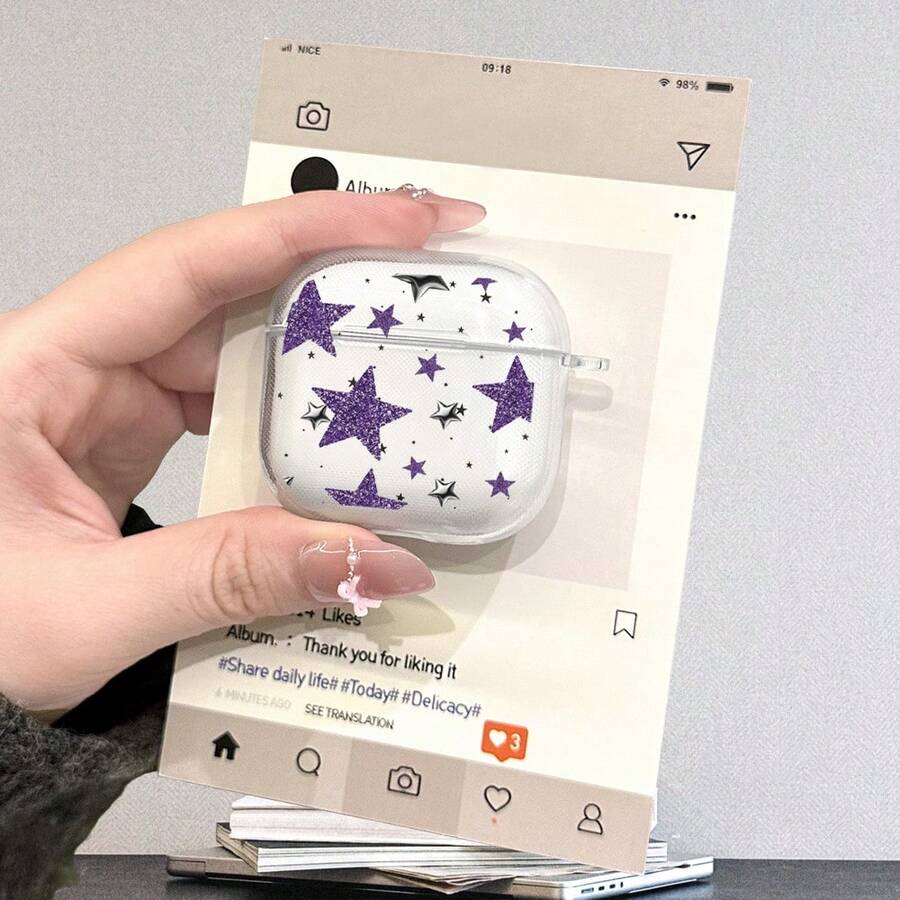 1pc UV Printed Purple Star Pattern Apple Earphone Case, Compatible With 1/2/3/4/Pro/Pro2/Pro3 Earphones, Minimalist & Fashionable Design, Suitable As Gift For Students, Office Workers, And Professionals - Clear - View 1