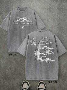 T Shirt Print ,Graphic-Cotton Tees Size Plus, Cartoon Round Neck Short Sleeve, Men's Oversized Washed Graphic T-Shirt Hell Flame Star Silver Print Vintage Streetwear Tee ,Y2K,Oversized Shirt Men,With Shirt,Summer Tops,Shirt Suitable - 灰色 - 查看 6