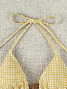 Set Bikini Halter Kotak-kotak Kuning 3 Potong, Penutup Berbentuk Jala, Pakaian Renang Gaya Liburan Seksi - MultiWarna - View 4