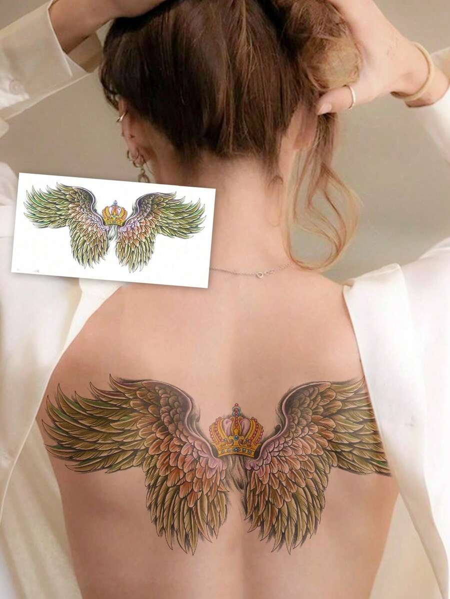 1 hoja de tatuaje temporal de pintura corporal de tamaño extra grande, unisex, con patrón de corona, pluma y ala de colores, tatuaje falso impermeable que puede cubrir todo el brazo, muñeca, hombro, pierna, cintura, cuello, mano, pecho, muslo, espalda, dedos y otras partes, puede cubrir cicatrices, adecuado para fiestas, regalos, vacaciones, decoración corporal, Halloween y otras ocasiones, tatuaje de columna vertebral - Multicolor - Ver 1