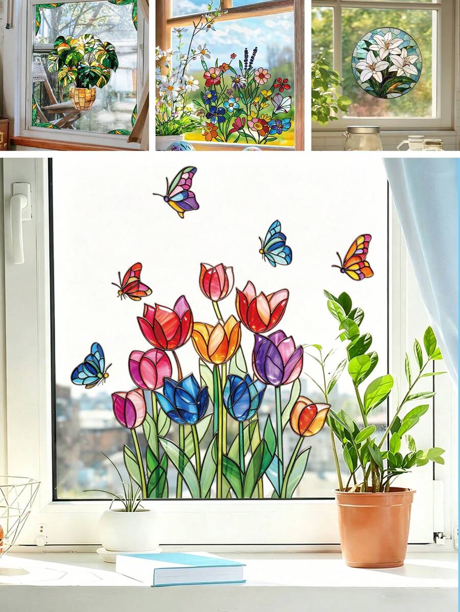 BRUP 1PC Boho Stained Glass Tulip Window Sticker With Butterfly ...