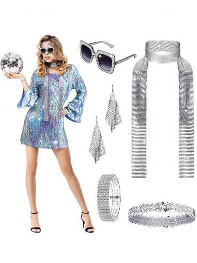 70年代迪斯科服装配饰套装：亮片发箍、时尚眼镜、项链、耳环、水钻围巾和手链，适合万圣节、舞会、派对等场合。70年代迪斯科闪亮女士耳环、时尚眼镜、手链、发箍派对配饰，节日趣味派对系列，时尚优雅基础款新款舞台服装配饰，现货供应。