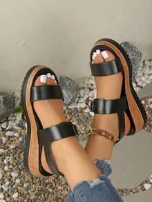 Women's Summer New Vintage Wood Grain Open Toe Roman Sandals, Lightweight Comfortable Wedge Thick Bottom Hollow Out Fashion Sandals - Black - View 3