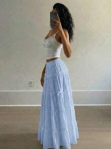 Elegant High Waist Vintage Bow Decor Loose A-Line Skirt White Spring - 淺藍色 - 查看 6