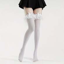 1 Pair Of Knee-High Socks For Women, Made Of Thin Fabric With Lace Trim And A Bow Detail, Suitable For Summer Wear  Polyester - 白色 - 查看 7