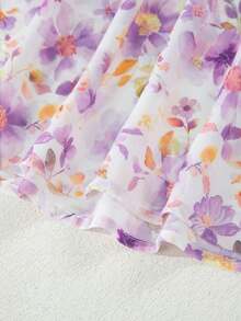 Acelitt Autumn Pink Floral Print Tassel Tie V-Neck Petal Sleeve Crop Top - Mauve Purple - View 7