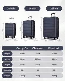 20 Inch 24 Inch 28 Inch Luggage Suitcase Carry On Cabin ABS Spinner Wheels Password Lock Lightweight 3 Piece Set Small Medium Large Holiday Travel - 藏蓝色 - 查看 3