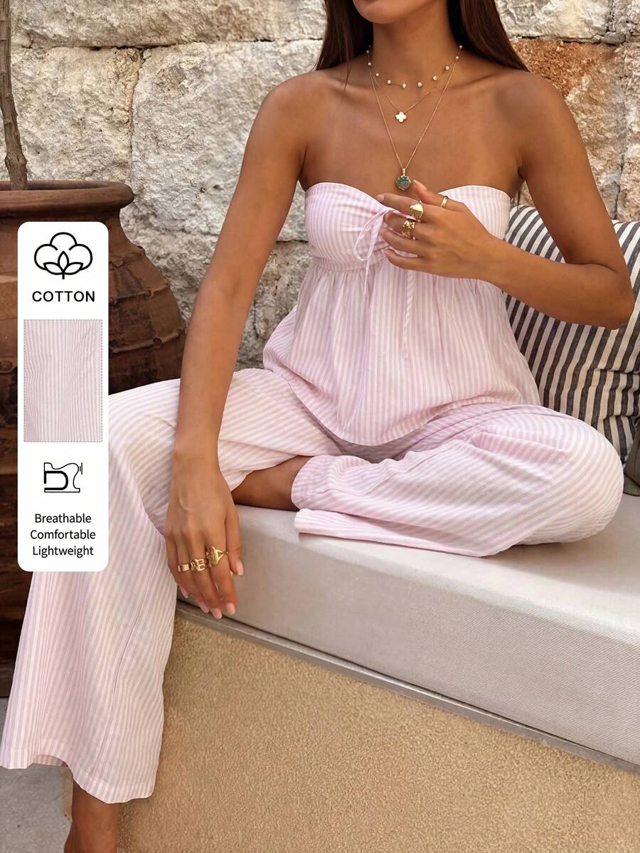 PoPoHouse 女士夏季粉色条纹纯棉两件套性感Y2K烟熏背心搭配宽松直筒阔腿裤，适合休闲通勤和度假穿着。 - 粉紅色條紋 - 查看 1