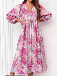 Đầm nữ kiểu Bohemian tay phồng, đầm thanh lịch cổ chữ V thắt eo có túi in họa tiết ngẫu nhiên, đầm mặc ngoài mùa hè cho nữ, trang phục đi biển cho nữ, thích hợp cho Ngày của Mẹ, đầm dự tiệc cưới cho nữ. - Màu Hồng Tươi - Xem 3