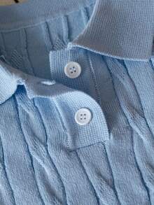 Boys' Solid Color Cable Knit Polo Shirt Short Sleeve Lightweight Sweater, Suitable For School & Everyday Wear, Spring/Summer/Autumn - Blue - View 5