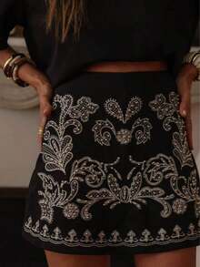 Women's Fashion Embroidered Beaded Floral Print Bohemian Elegant Zipper Skirt Black Summer - 黑色 - 查看 3