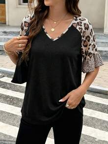 大码女式时尚豹纹拼接休闲荷叶边蝙蝠袖T恤，优雅户外春夏装，黑色 - 黑色 - 查看 2