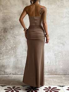 Summer Black Dress, Women's Elegant Dress, Knit Fabric Zipper Twist Waist Fitted Strapless Luxury Evening Gown, Suitable For Wedding, Party, Holiday, Birthday, Cocktail, Vacation, Beach - Khaki - View 3
