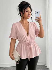 Áo kiểu cổ chữ V màu hồng, eo có dây rút, vạt áo xếp ly, kiểu dáng lãng mạn Pháp, tay phồng, áo sơ mi thường ngày đa năng. - Hồng - Xem 5