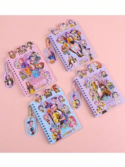 New 4Style KPOPPP Cartoon Spiral Notebook Sticker Hangtag Three-In-One Cute Anime Figure Image DemonHunters Coil Notebook Diary Contain Decorative Stickers Apply To Children's Reward DIY Graffiti Originality Exquisite Festival Gift(Random Style Spiral Colour Random )