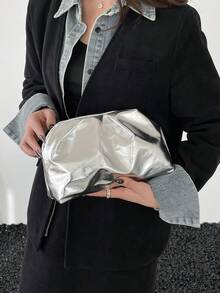 纯色复古极简铆钉手提包，时尚包款，适合日常使用、派对和情人节等场合。 - 銀色 - 查看 5