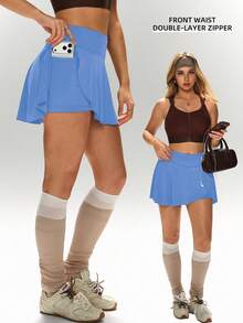 1 Pack Wide Waistband Pleated Sports Skort Blue Skirt With Phone Pockettennis Skirt - Blue - View 2
