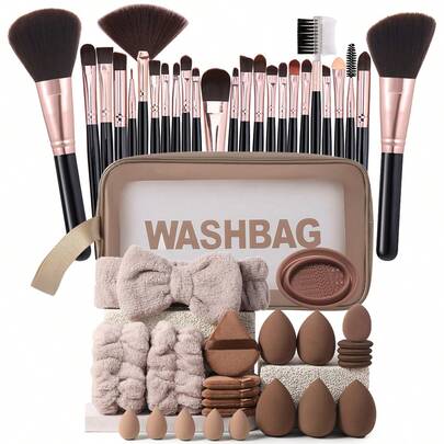 50 piezas Juego de brochas de maquillaje, herramientas de maquillaje y belleza mixtas, que incluyen: 25 piezas de brochas de maquillaje, 1 bolsa de maquillaje, 5 esponjas de maquillaje, 5 borlas de polvo, 5 esponjas de maquillaje mini, 5 borlas de polvo para dedos mini, 1 diadema, 2 muñequeras, 1 herramienta de limpieza