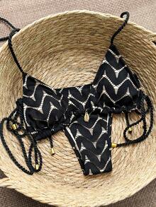 Conjunto de traje de baño de mujer con escote halter, tejido de cuerda macramé, tela de red, colgante metálico, espalda descubierta y lazos laterales, adecuado para playa, resort, vacaciones de primavera/verano/otoño - Negro - Ver 3